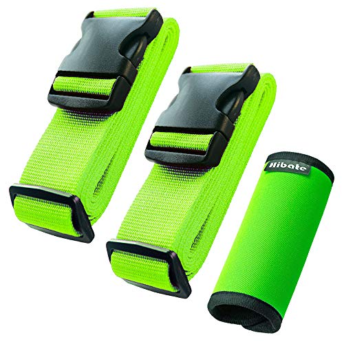 Hibate (2_Green) Luggage Straps Belts and (1_Green) Neoprene Suitcase Handle Wrap Grip Tags