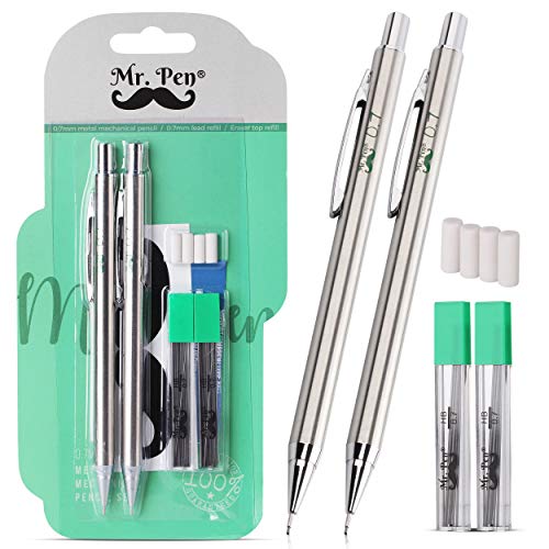 Mr. Pen- Mechanical Pencils 0.7, Pack of 2, Metal Mechanical Pencil with Lead and Eraser, Drafting Pencil, Drawing Pencil, Mechanical Pencil, 0.7 Mechanical Pencils, Artist Mechanical Pencils, 0.7mm