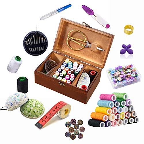 Wooden Sewing Kit Box for Adults Beginners with Cute Accessories - Home Sewing Basket Stitching Repair Kit for Women Men