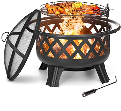 KINGSO 2-in-1 Outdoor Fire Pit with Cooking Grate 30' Heavy Duty Fire Pits Outdoor Wood Burning Steel BBQ Grill Firepit Bowl with Spark Screen Cover Log Grate Fire Poker for Backyard Bonfire Patio
