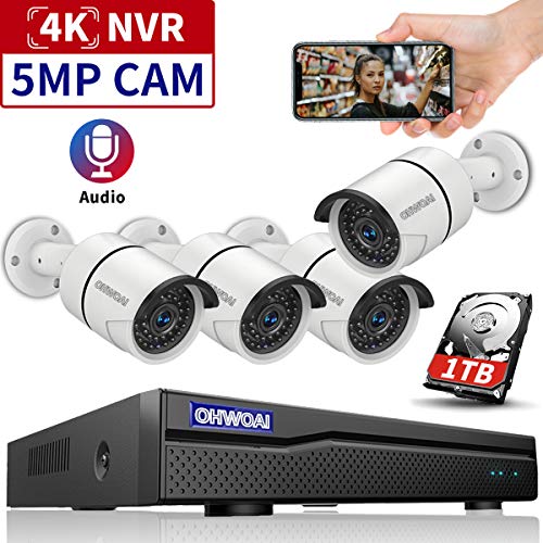 OHWOAI POE Camera System, 4K 8 Channel Poe NVR Security Camera System,5MP Poe Camera x 4,Home Video Surveillance System Poe with 1TB HDD,Wired Outdoor Poe Security Camera with Audio.