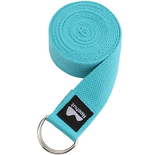REEHUT Yoga Strap 6ft with Ebook - Durable Polyester Cotton Exercise Straps w/Adjustable D-Ring Buckle for Stretching, General Fitness, Flexibility and Physical Therapy Sky Blue