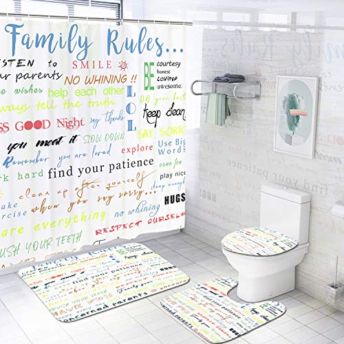 4 Pcs Family Rules Educational Shower Curtain Set with Non-Slip Rug, Toilet Lid Cover, Bath Mat and 12 Hooks, Motivational and Inspirational Quotes Waterproof Shower Curtain Sets for Bathroom