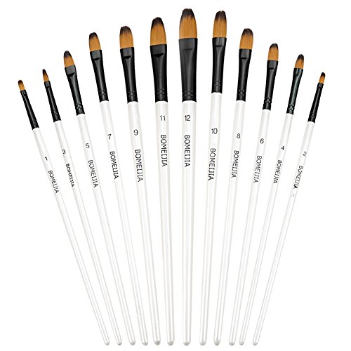 Artist Paint Brushes Set - 12 Piece - Filbert Golden Nylon Bristles - Professional Brush for Watercolor Acrylic, Gouache, Oil and Facepaint