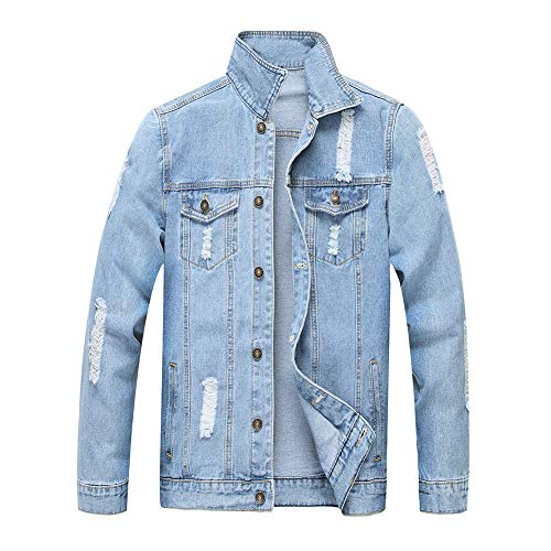 Jean Jacket for Men, LZLER Classic Ripped Slim Denim Jacket with Holes(Blue 1801, L)