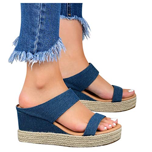 Womens Summer Open Toe Ankle Strap Wedge Sandals Shoes Casual Printed Soft Platform Shoes 2020 (Blue, US:7.5)