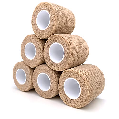 Cohesive Bandage 2' x 5 Yards, 6 Rolls, Self Adherent Wrap Medical Tape, Adhesive Flexible Breathable First Aid Gauze Ideal for Stretch Athletic, Ankle Sprains & Swelling, Sports, Human, Animals, Tan