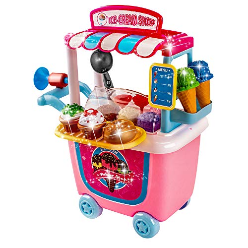 UNIH Pretend Playset Ice Cream Toddler Toys Store Cart for Kids Birthday Gift