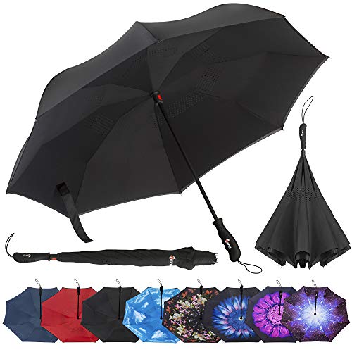 Repel Reverse Folding Inverted Umbrella with 2 Layered Teflon Canopy with Reinforced Fiberglass Ribs (Black)