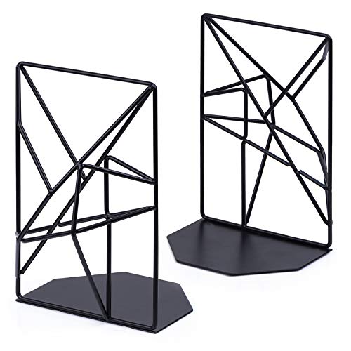 SRIWATANA Bookends Black, Decorative Metal Book Ends Supports for Shelves, Unique Geometric Design(1 Pair/2 Pieces)