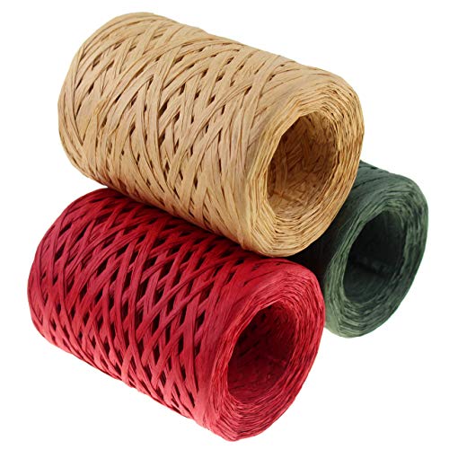 CREATRILL Raffia Ribbon Red Green Natural 3 Rolls 1080 Feet, 360 Feet Each Roll, Paper Twine Wrapping Ribbon for Christmas