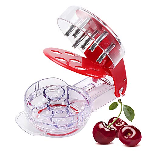 Cherry Pitter - Professional Olive Pitter Tool, Cherry Stone Remover with Pit and Juice Container, 6 Cherries At Once.