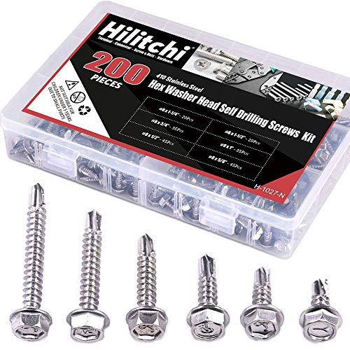 Hilitchi 410 Stainless Steel #8 Hex Washer Head Self Drilling Sheet Metal Tek Screws Assortment Kit Set with Drill Point, Self Driller, 200 Pieces