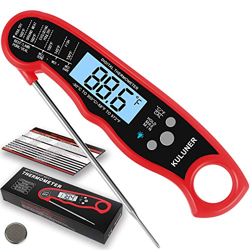 KULUNER Waterproof Digital Instant Read Meat Thermometer with 4.6” Folding Probe Backlight & Calibration Function for Cooking Food Candy, BBQ Grill, Liquids,Beef(red)