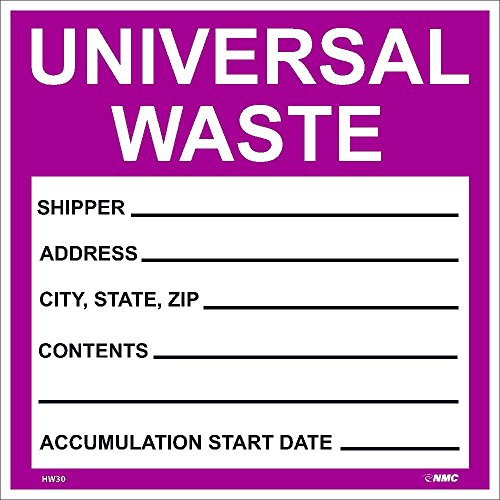 NMC HW30ALV Universal Waste Label - [Roll of 500] 6 in. Square PS Vinyl Hazardous Material Label with White/Black Text on Purple/White Base