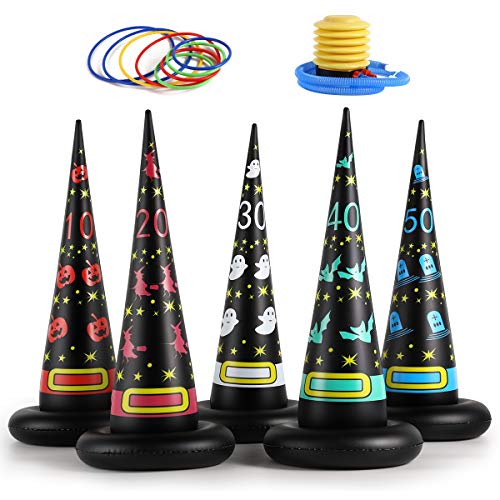 Yobbi 5PCS Inflatable Halloween Witch Hat Ring Toss Game with 8 Plastic Ring & a Pump. Super Fun Halloween Game for School & Family Halloween Party.