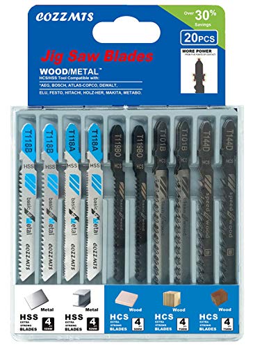 20PCS T Shank Jigsaw Blades Set for Wood Plastic Metal Replace Bosch DEWALT Black+Decker TACKLIFE Makita SKIL and Rockwell BladeRunner X2 Jig Saws Includes 4 Each of T101B T119BO T144D T118A & T118B