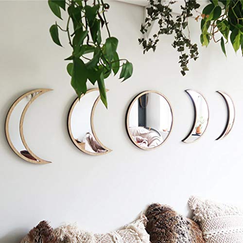 5 Pieces Scandinavian Natural Decor Acrylic Wall Decorative Mirror Interior Design Wooden Moon Phase Mirror Bohemian Wall Decoration for Home Living Room Bedroom Decor - No need to punch (Beige)