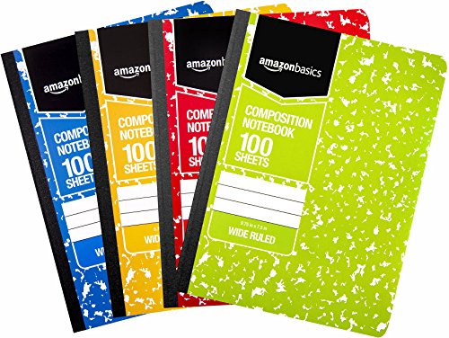 AmazonBasics Wide Ruled Composition Notebook, 100 Sheet, Assorted Marble Colors, 4-Pack