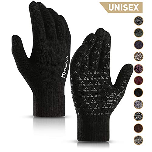 TRENDOUX Driving Gloves, Unisex Knit Winter Touchscreen Glove Men Women Texting Smartphone - Elastic Cuff - Thermal Wool Lining - Stretchy Material Black - L