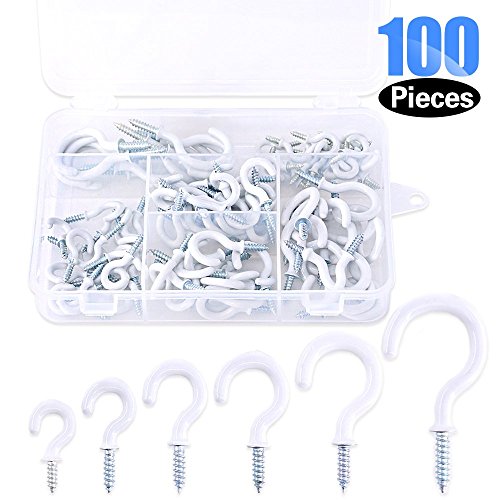 Glarks 100-Pieces 6 Sizes White Vinyl Coated Cup Hooks Screw-in Ceiling Hooks Screw Hooks Mug Hooks Hangers Assortment Kit for Home and Office Use