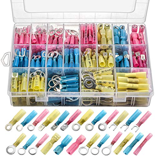 250pcs Heat Shrink Wire Connectors, Sopoby Marine Electrical Terminals Kit, Waterproof Automotive Ring Set with Case