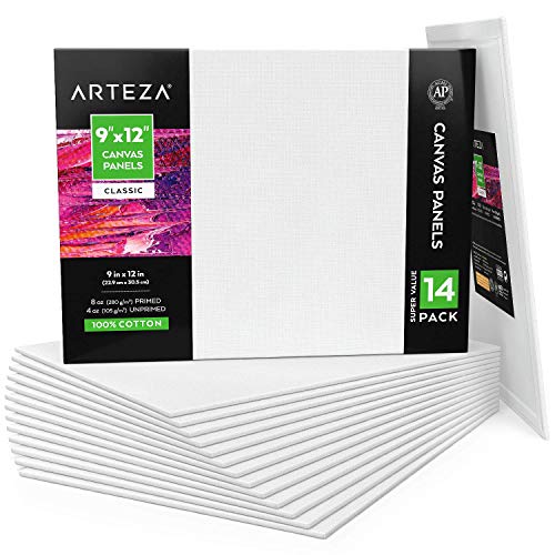 Arteza 9x12” White Blank Canvas Panel Boards, Bulk Pack of 14, Primed, 100% Cotton for Acrylic Painting, Oil Paint & Wet Art Media, Canvases for Professional Artist, Hobby Painters & Beginners