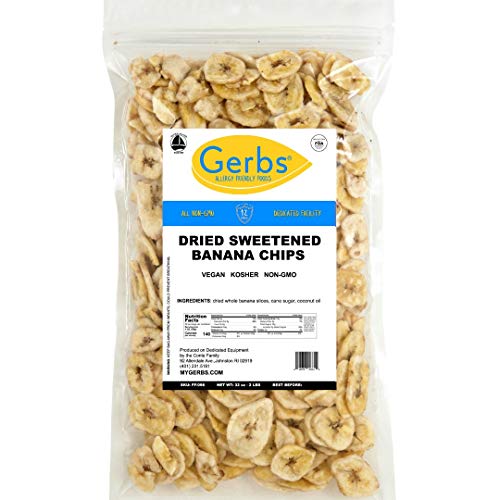 GERBS Sweetened Banana Chips, 32 ounce Bag, Unsulfured, Preservative, Top 14 Food Allergy Free
