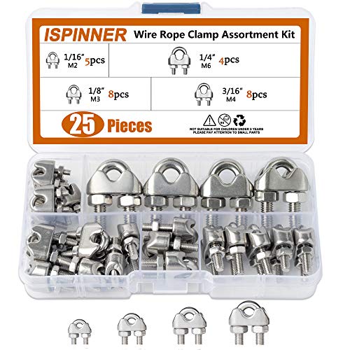 ISPINNER 25pcs Stainless Steel Wire Rope Cable Clip Clamp Assortment Kit 1/16' 1/8' 3/16' 1/4'