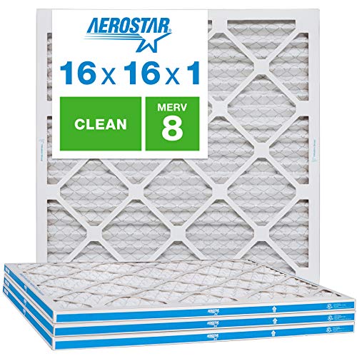 Aerostar Clean House 16x16x1 MERV 8 Pleated Air Filter, Made in The USA, (Actual Size: 15 3/4'x15 3/4'x3/4'), 4-Pack, White
