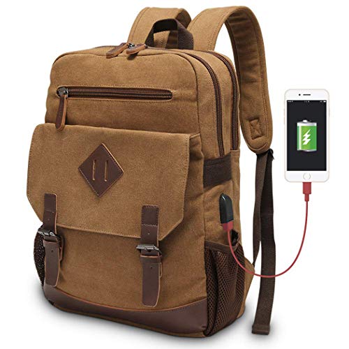 Modoker Mens Vintage Backpack for Men, Canvas Bookpack Fits Most 15.6 Inches Computer and Tablets, Rucksack Backpack with USB Charging Port, Brown