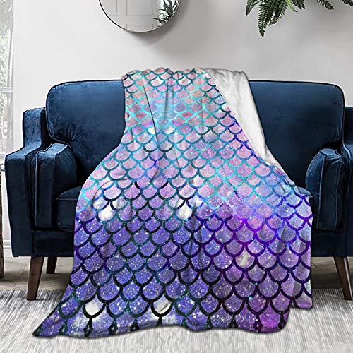 King Dare Mermaid Scales with Galaxy Fleece Sofa Blanket, Lightweight Travel Blanket, Cozy Plush Keep Warm Flannel Small Throws Blankets for Baby/Kids/Youth 40x50 inch