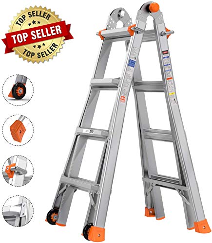 TACKLIFE Telescoping Ladder, 17 Feet Aluminum Extension Ladder with 2 Flexible Wheels, Safe Protective Switch, Non-Slip Rubber Feet, 300lb Capacity Multi-Use Ladder