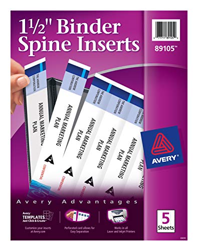 Avery 1.5 inch Binder Spine Inserts, Pack of 25 (89105), White