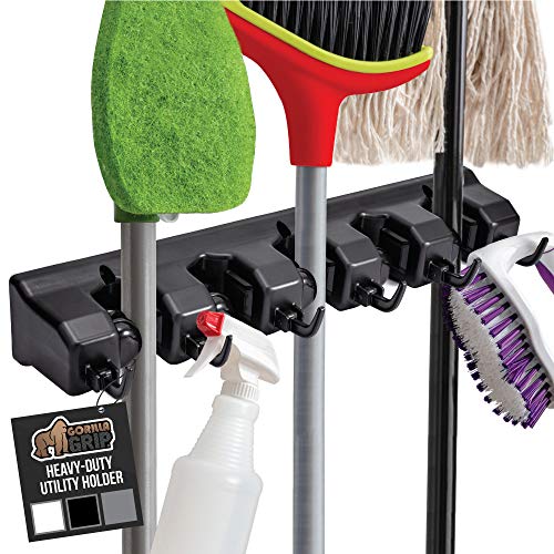 Gorilla Grip Premium Mop and Broom Holder, 5 Auto Adjust Slots, 6 Hooks, Holds Up to 50 Lbs, Easy Install Wall Mount, Store Cleaning and Gardening Tools, Organize Kitchen, Garage, Storage Rooms, Black