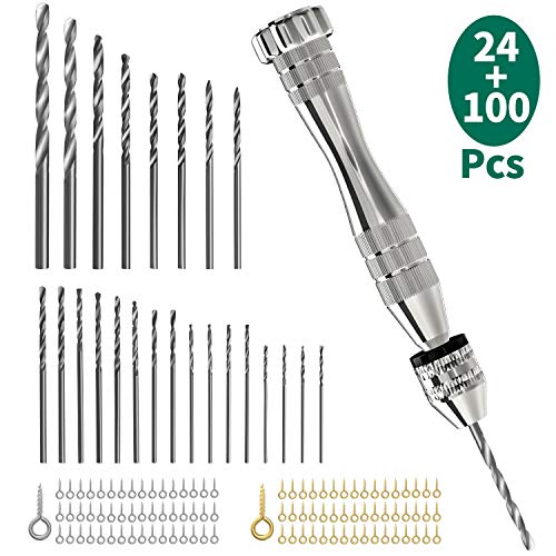 Pin Vise Hand Drill for Resin Casting Molds, Precision Drill with 24 Pieces Twist Drill Bits and 100 Pieces Eye Screw Pins for Resin Plastic Wood Keychain Pendant Jewelry Making