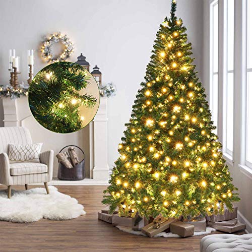 OurWarm 7ft Pre-Lit PVC Artificial Christmas Tree Xmas Pine Tree for Indoor Outdoor Holiday Decorations with 400 LED Lights, 1430 Branch Tips, Foldable Metal Stand, Green