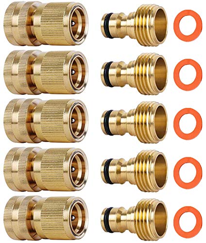 ShowNew Garden Hose Quick Connectors, Solid Brass 3/4 inch GHT Thread Easy Connect Fittings No-Leak Water Hose Male Female Value Pack (5)
