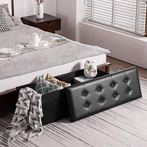 YOUDENOVA 43 Inches Folding Storage Ottoman Bench, Bed End Bench with 120L Large Storage Space, Hallway Footrest Window Padded Seat Storage Chest, Support 550lbs, Faux Leather Black