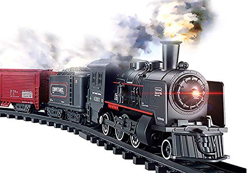 Haktoys Railway King Classical Freight Train Set Battery Operated Ready to Play Simulation Steam Locomotive Playset with Smoke, Lights and Authentic Train Sound