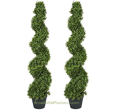 Arcadia Silk Plantation 2 Pre-potted 4 Feet 2 Inches Spiral Boxwood Artificial Topiary Trees in Plastic Pot