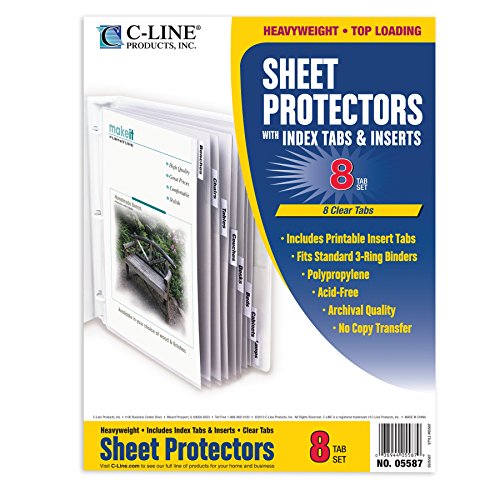 C-Line Top Loading Sheet Protectors with Tab Inserts (CLI05587), Clear, 8-Tab