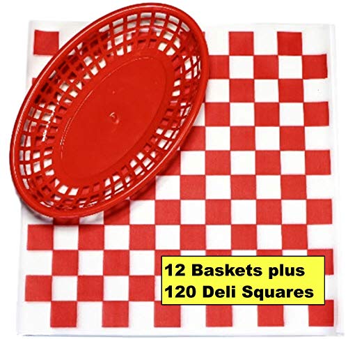 12 Red Plastic Oval Food/Burger Baskets plus 120 Checkered Deli Paper Liners. Restaurant/Food Tray Basket Sets for Barbecues, Picnics, Parties, Kids Meals, Outdoors.