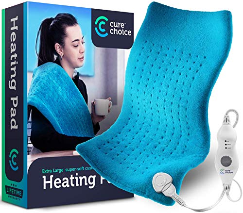 Cure Choice Large Electric Heating Pad for Back Pain Relief + Storage Pouch, Ultra Soft 12'x24' Heating pad for Muscle Cramps - Heated Pad with Adjustable Temperature Settings (Blue)