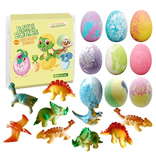 Dino Egg Bath Bomb Gift Set with Dinosaur Inside, 9 Pack Organic Bath Bombs with Surprise Toy Inside, Handmade Fizzy Balls for Kids