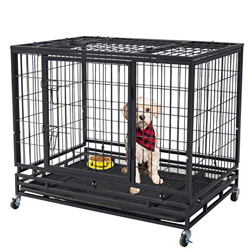 Polar Aurora 37'/46' Pet Dog Cage Heavy Duty Strong Metal Wire Crate Kennel Playpen for Training Indoor Outdoor w/Lockable 4 Wheels &Tray & Double Doors & Locks Design (37)