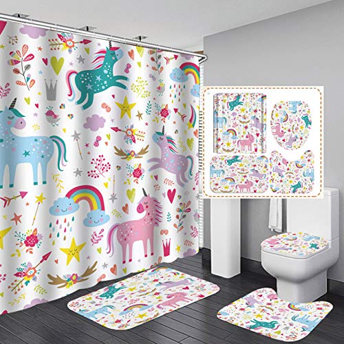 4Pcs Kids Shower Curtain for Bathroom, Horse Flower Shower Curtain Set with Rugs Mat and Toilet Cover, Rainbow Shower Curtain with Hooks (71 Inch x 71 Inch)
