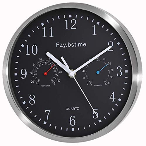 Fzy.bstim Non Ticking Silent Wall Clock Battery Operated,Stainless Steel Wall Clock with Thermometer and Hygrometer, Office/Living Room/Bathroom/Kitchen Clock,10 inch