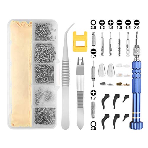 Upgrade Version Eyeglass Repair Kit,XSIATO Glasses Magnetic Screwdriver Set with Tiny Screws Kit and Nose Pads Tweezer Curved Tweezer,Cleaning Cloth Ear Hook for Eyeglass, Sunglass, Spectacles Repair