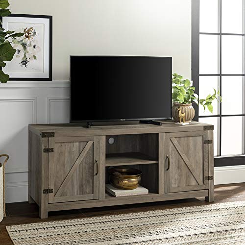 Walker Edison Furniture Company Farmhouse Barn Wood Universal Stand for TV's up to 64' Flat Screen Living Room Storage Cabinet Doors and Shelves Entertainment Center, 58 Inch, Grey Wash